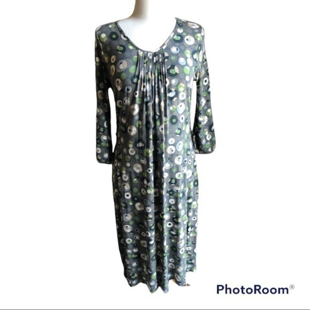 Boden circle gray green polka dot midi stretchy dress 10